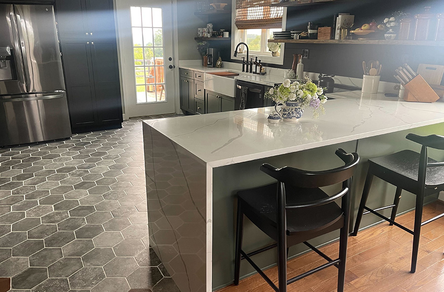 Granite Depot of Lexington Recently Completed A Classic White Waterfall Edge Countertop Featuring A Strikingly Dramatic Grey Veining
